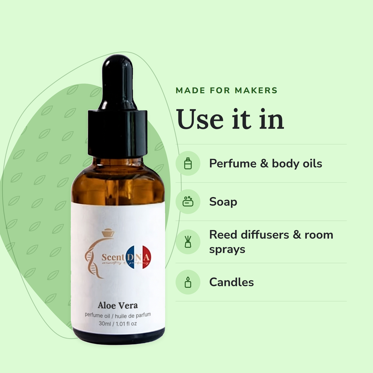 Aloe Vera Perfume Oil uses: perfume & body oils, soap, reed diffusers & room sprays, candles