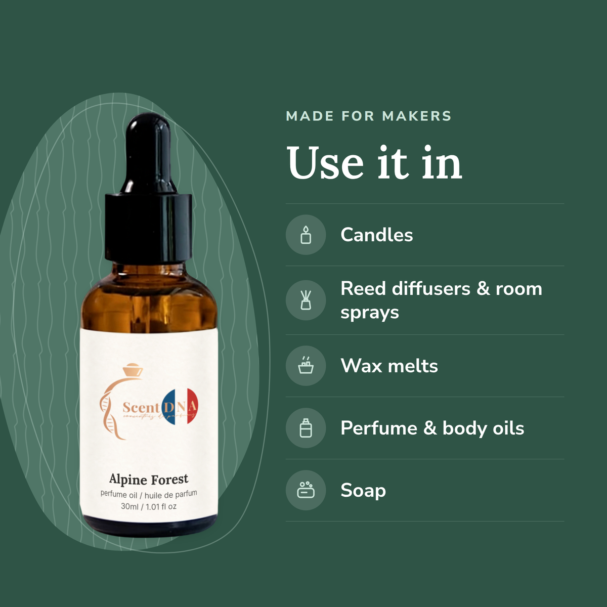 Alpine Forest Perfume Oil uses: candles, reed diffusers & room sprays, wax melts, perfume & body oils, soap