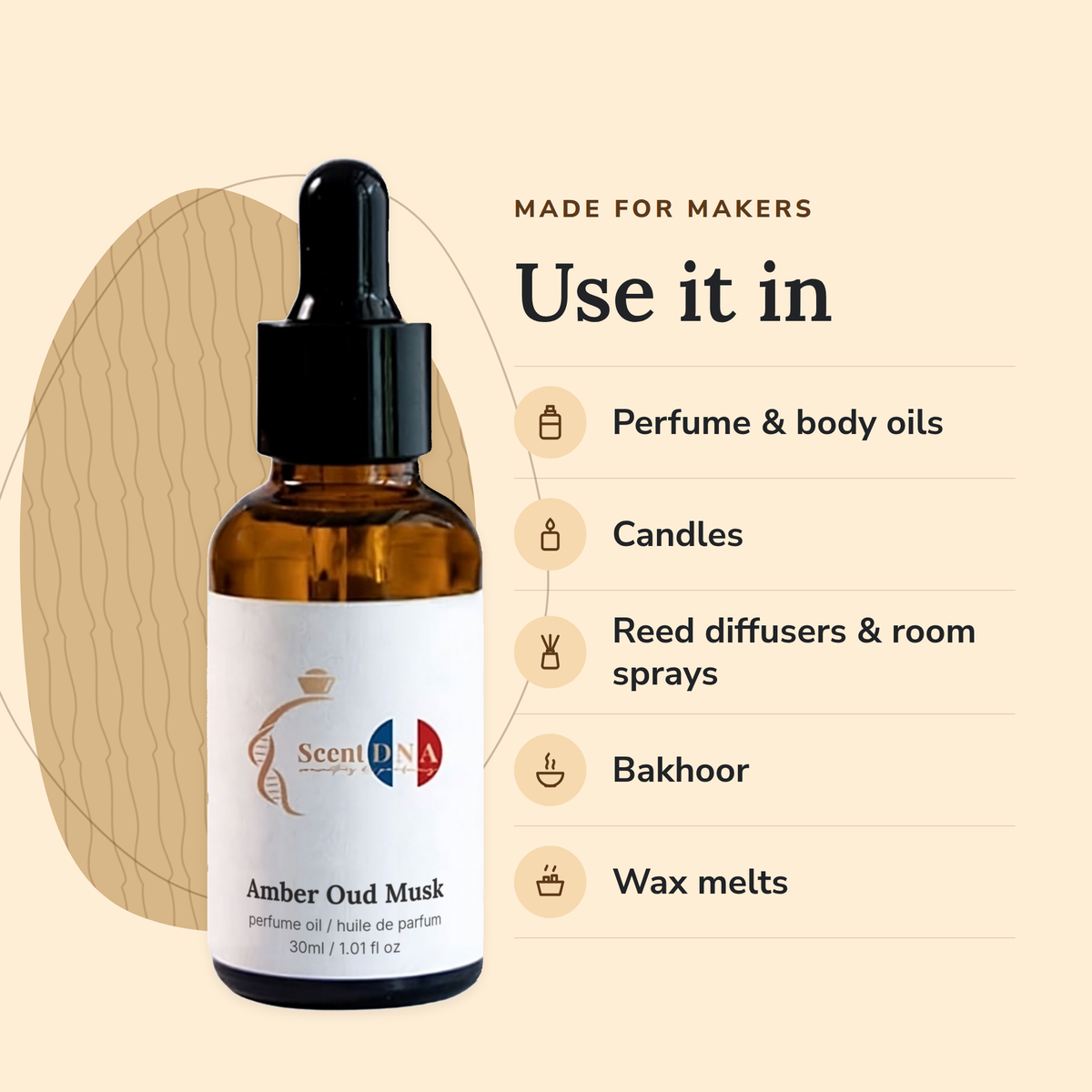 Amber Oud Musk Perfume Oil uses: perfume & body oils, candles, reed diffusers & room sprays, bakhoor, wax melts