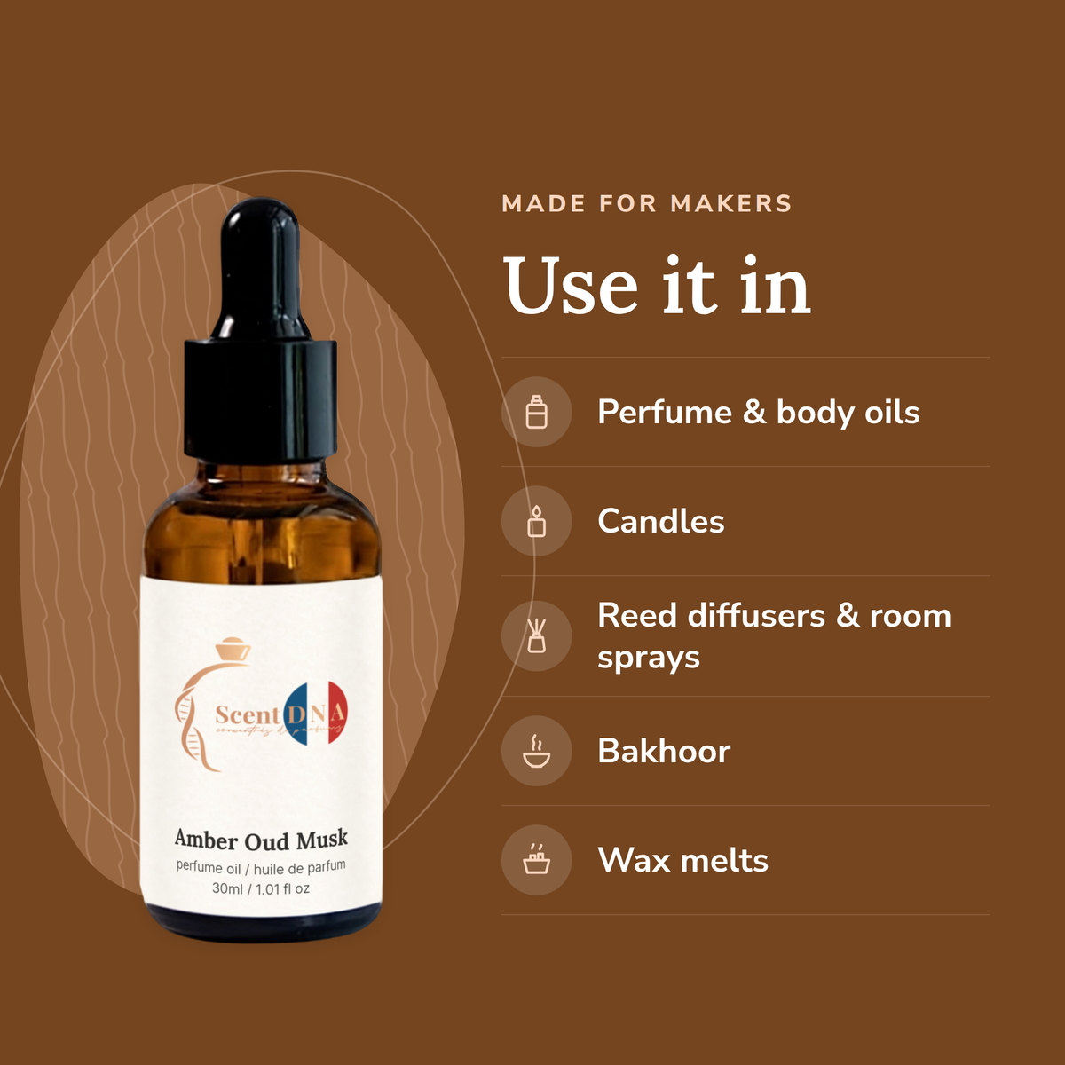 Amber Oud Musk Perfume Oil uses: perfume & body oils, candles, reed diffusers & room sprays, bakhoor, wax melts