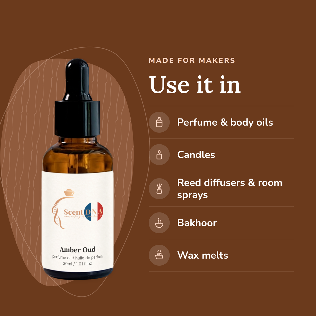 Amber Oud Perfume Oil uses: perfume & body oils, candles, reed diffusers & room sprays, bakhoor, wax melts