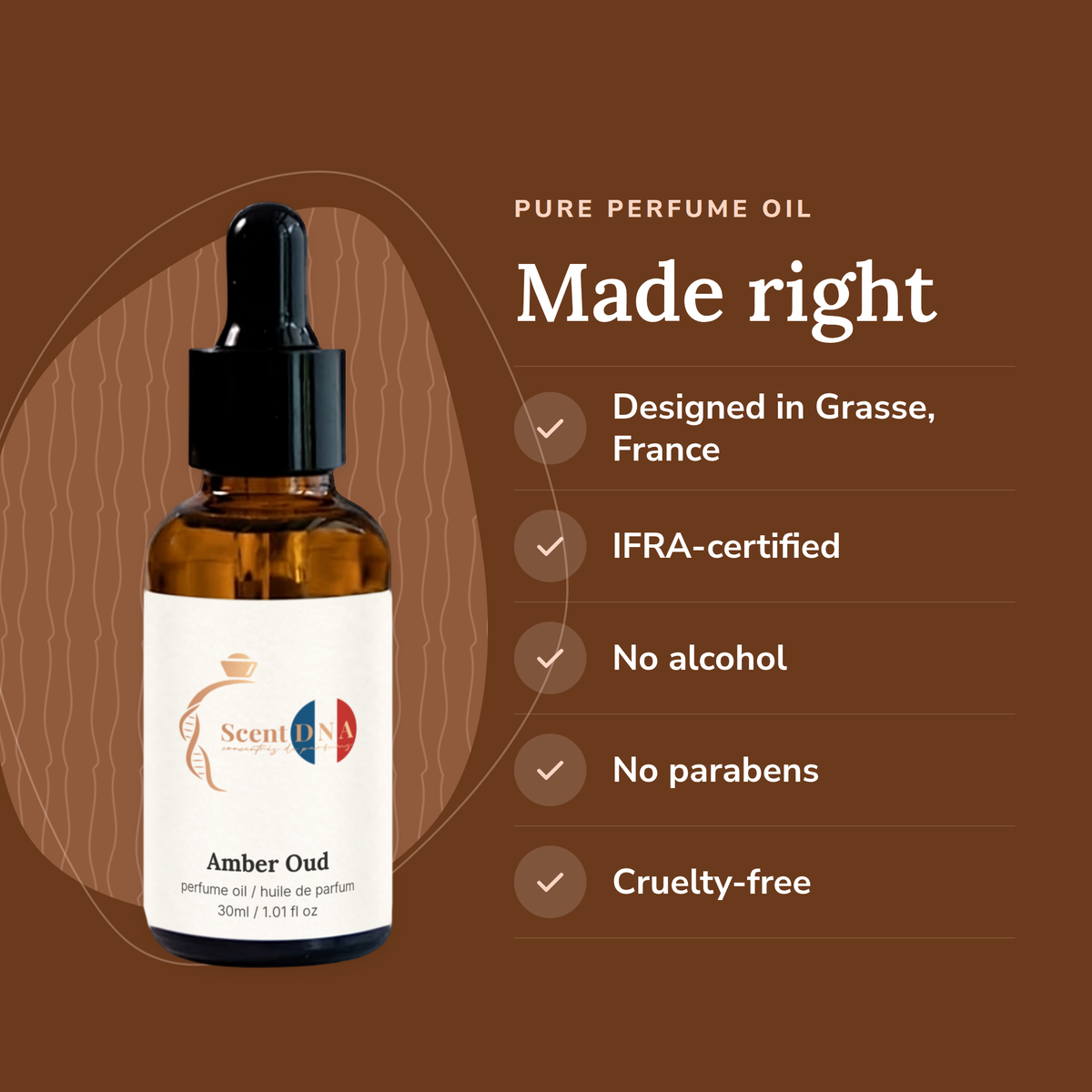 Amber Oud Perfume Oil: designed in Grasse, IFRA-certified, no alcohol, no parabens, cruelty-free