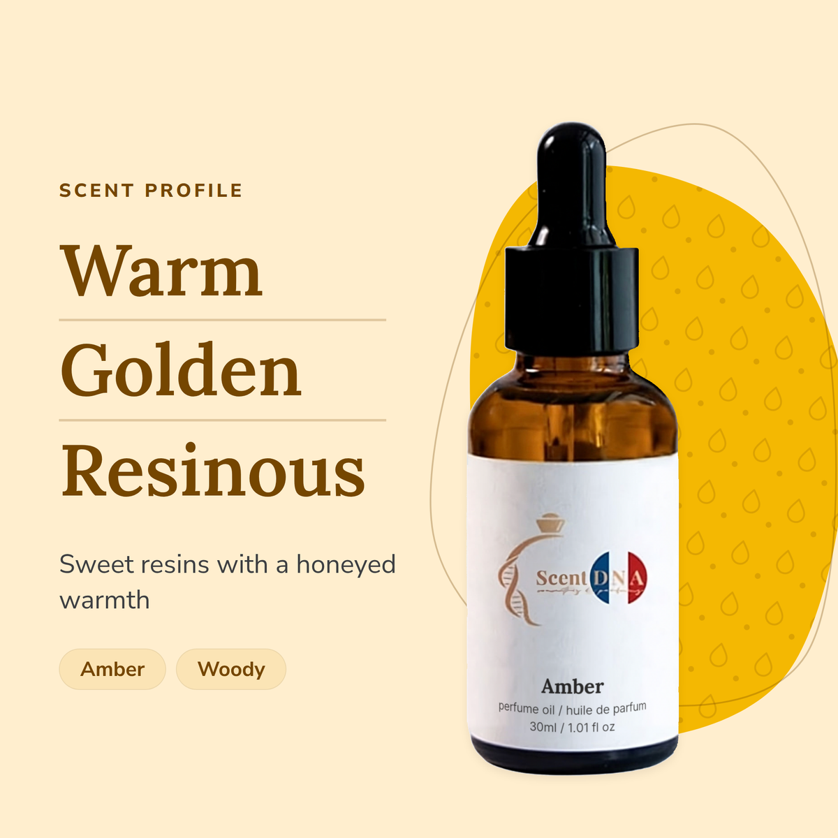 Amber Perfume Oil scent profile: warm, golden, resinous. Sweet resins with a honeyed warmth