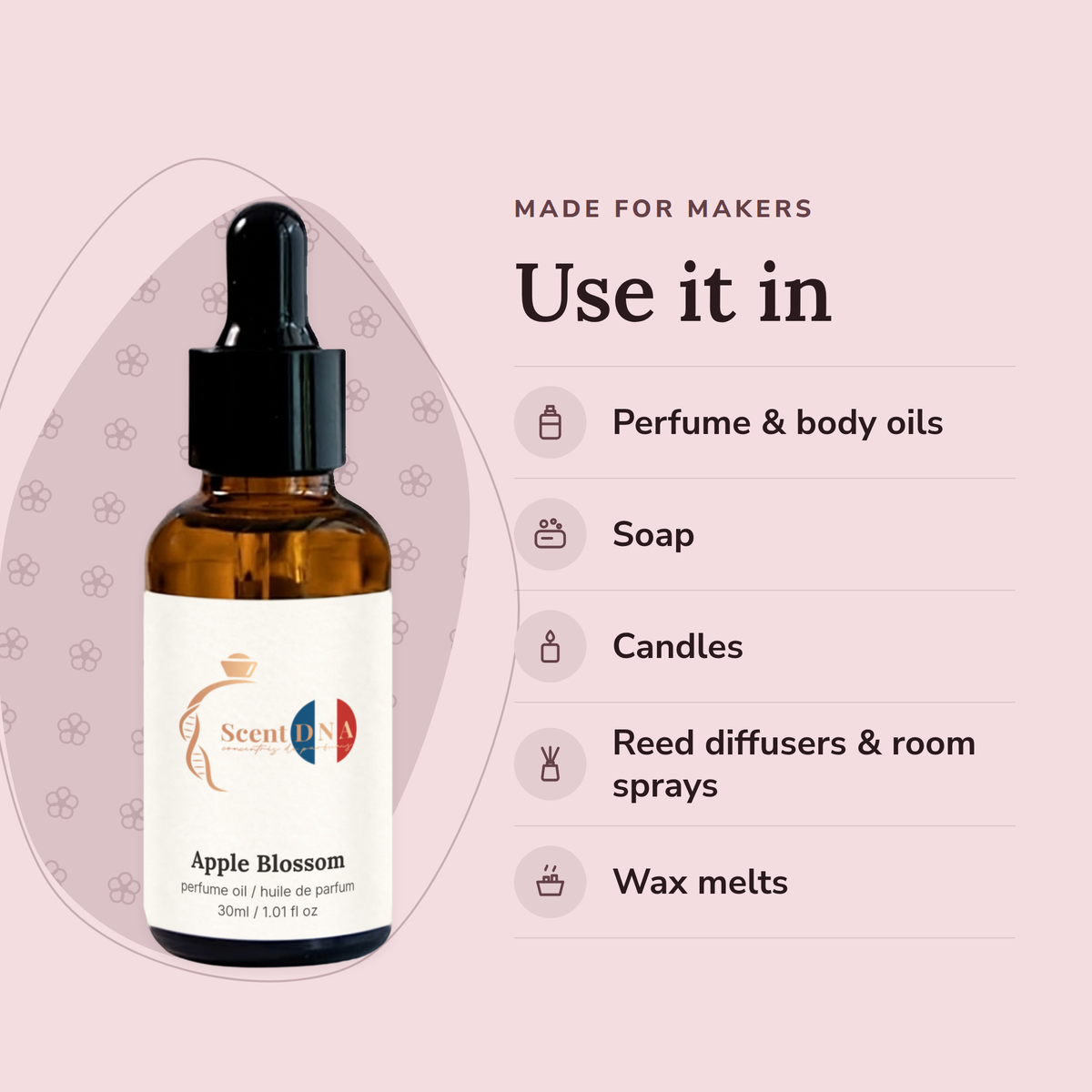 Apple Blossom Perfume Oil uses: perfume & body oils, soap, candles, reed diffusers & room sprays, wax melts