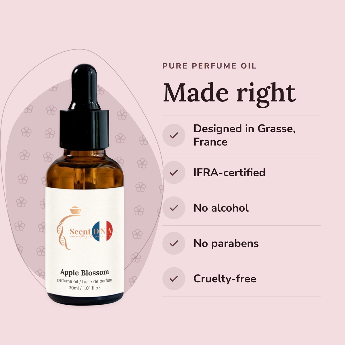Apple Blossom Perfume Oil: designed in Grasse, IFRA-certified, no alcohol, no parabens, cruelty-free