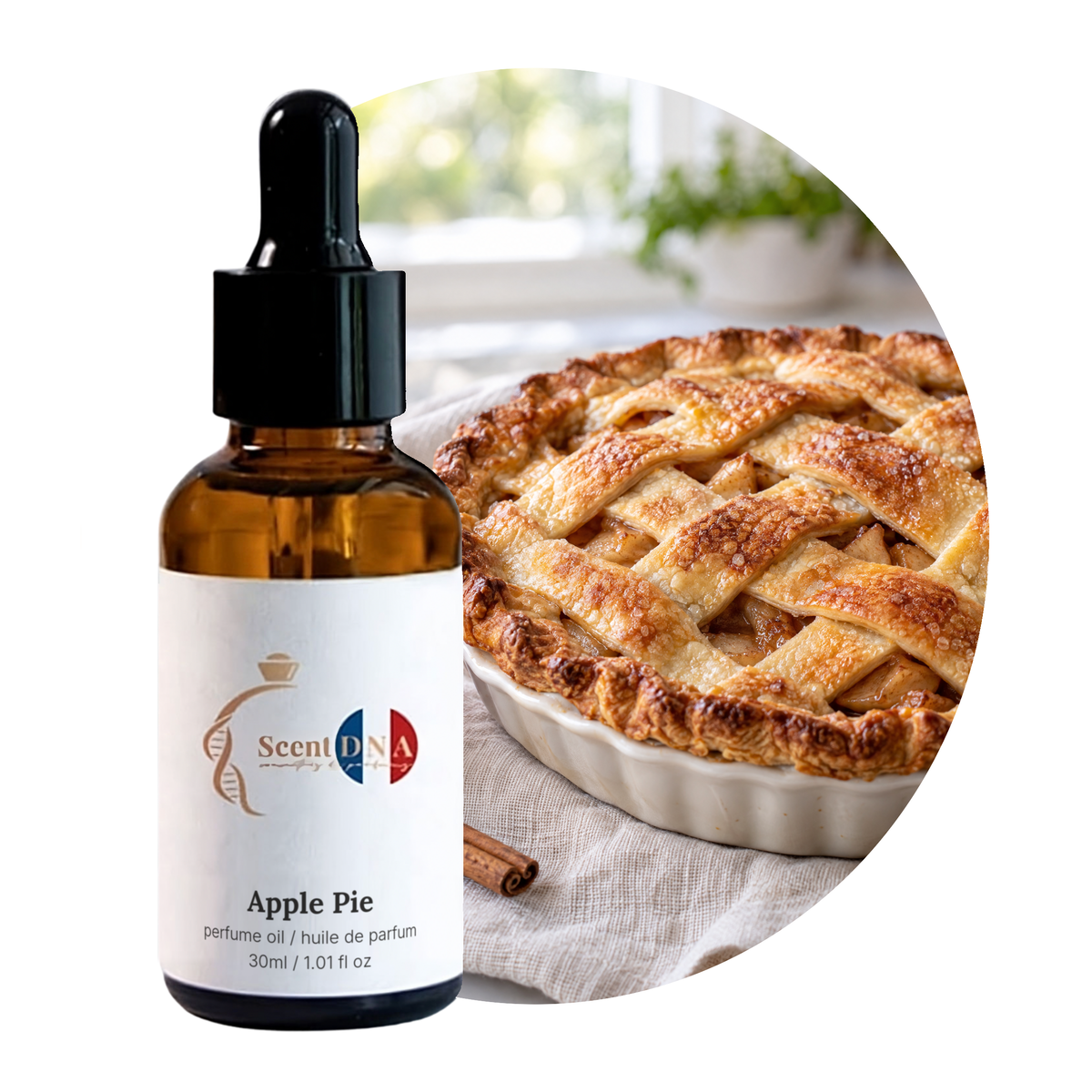 Apple Pie Perfume Oil, 30ml amber dropper bottle, with a whole lattice apple pie with a red apple