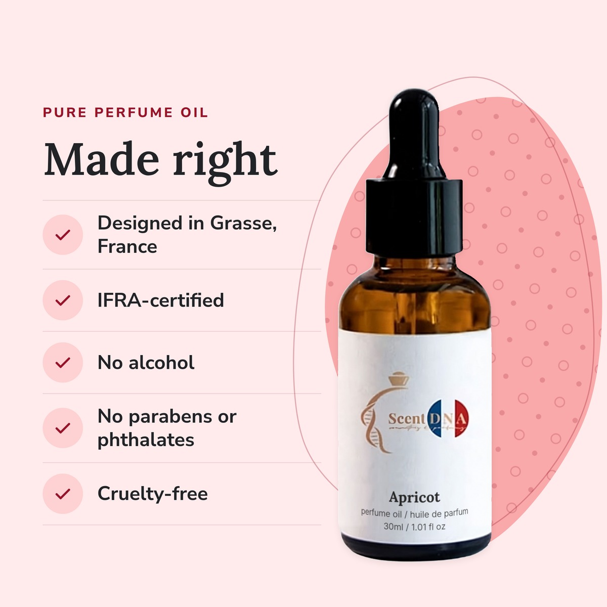Apricot Perfume Oil: designed in Grasse, IFRA-certified, no alcohol, no parabens or phthalates, cruelty-free