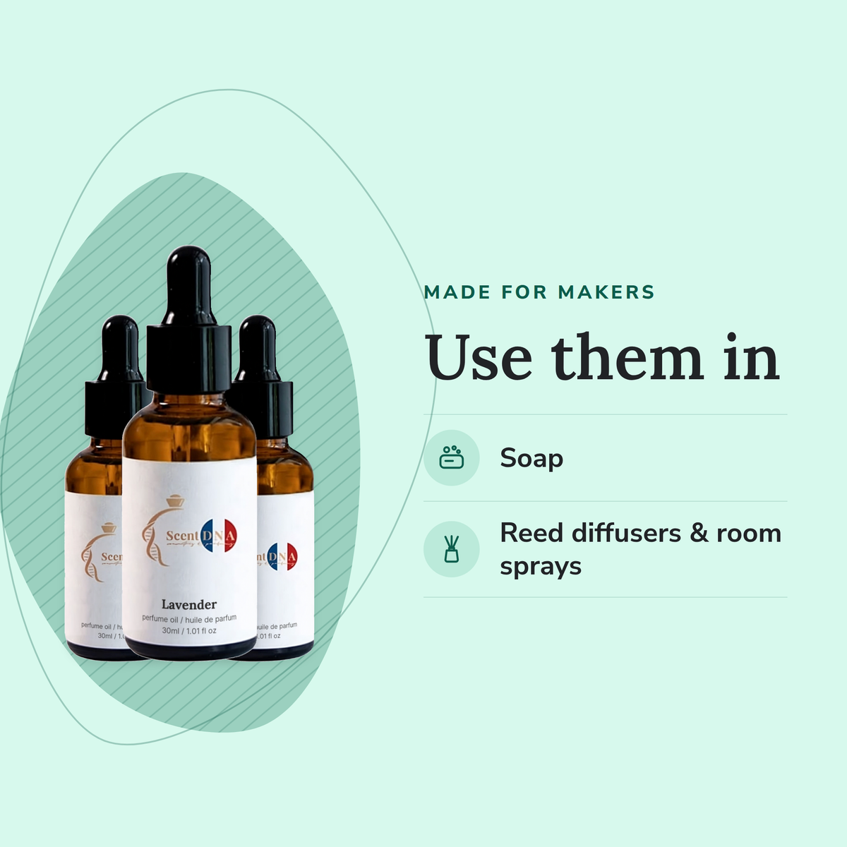 Aromatic Perfume Oil Bundle uses, for every oil in it: soap, reed diffusers & room sprays