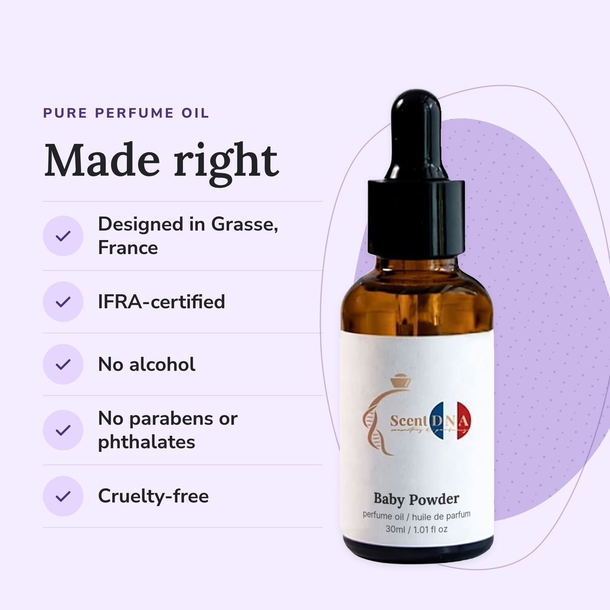 Baby Powder Perfume Oil: designed in Grasse, IFRA-certified, no alcohol, no parabens or phthalates, cruelty-free