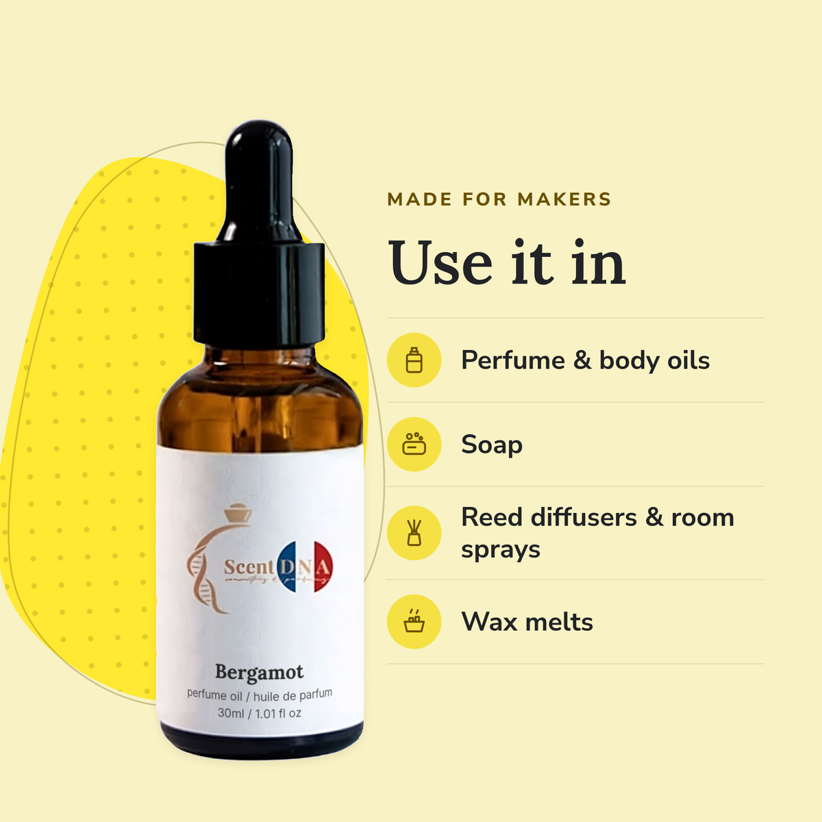Bergamot Perfume Oil uses: perfume & body oils, soap, reed diffusers & room sprays, wax melts