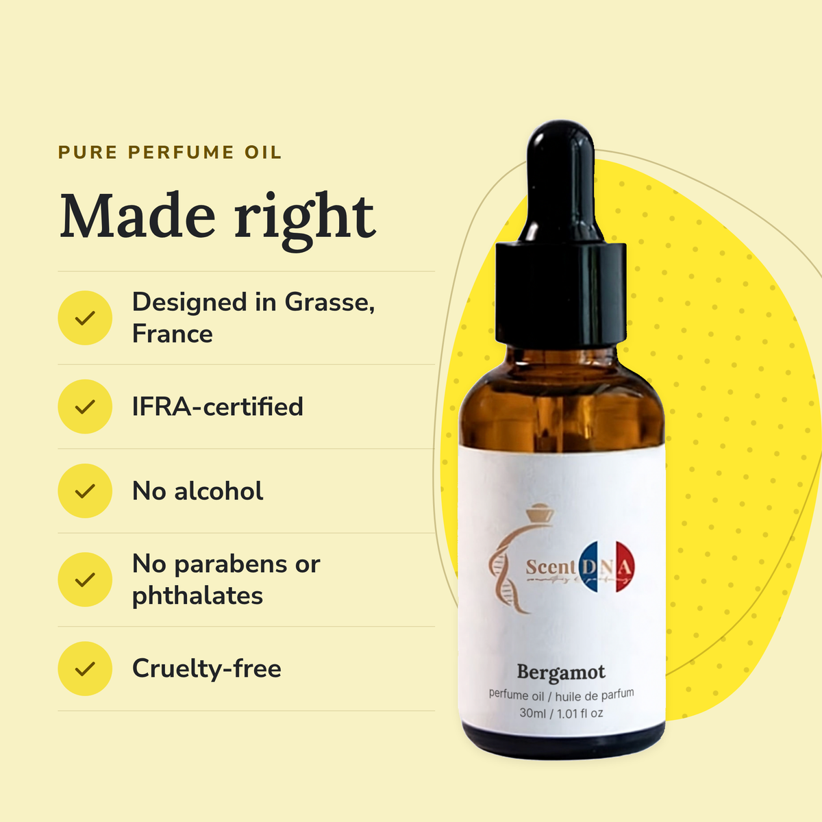 Bergamot Perfume Oil: designed in Grasse, IFRA-certified, no alcohol, no parabens or phthalates, cruelty-free