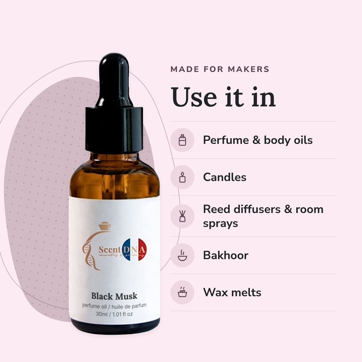 Black Musk Perfume Oil uses: perfume & body oils, candles, reed diffusers & room sprays, bakhoor, wax melts