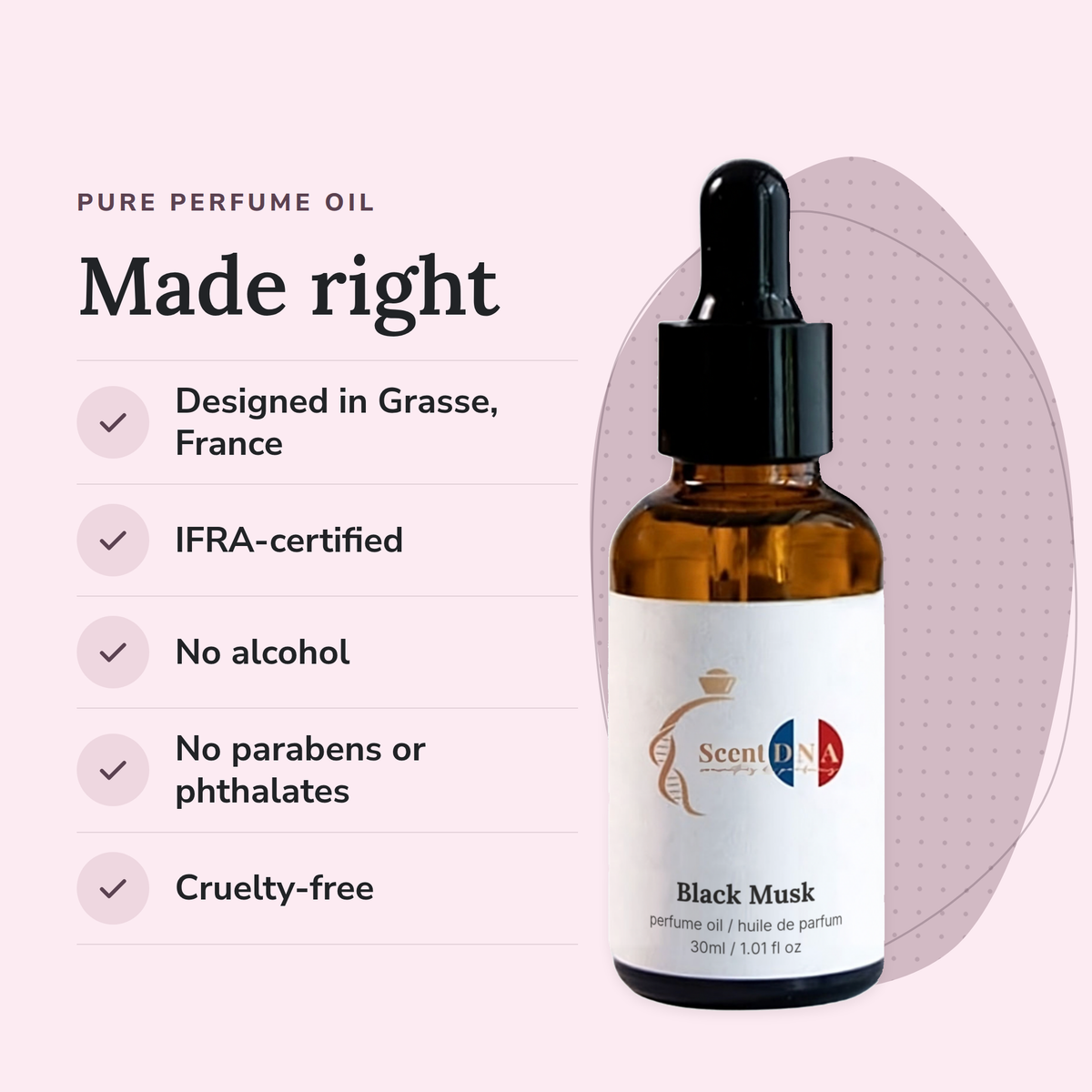 Black Musk Perfume Oil: designed in Grasse, IFRA-certified, no alcohol, no parabens or phthalates, cruelty-free