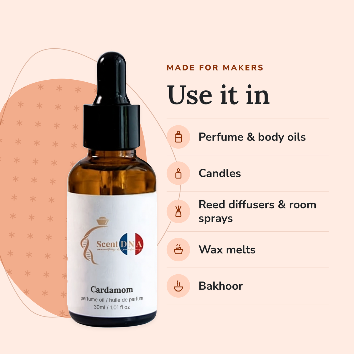 Cardamom Perfume Oil uses: perfume & body oils, candles, reed diffusers & room sprays, wax melts, bakhoor