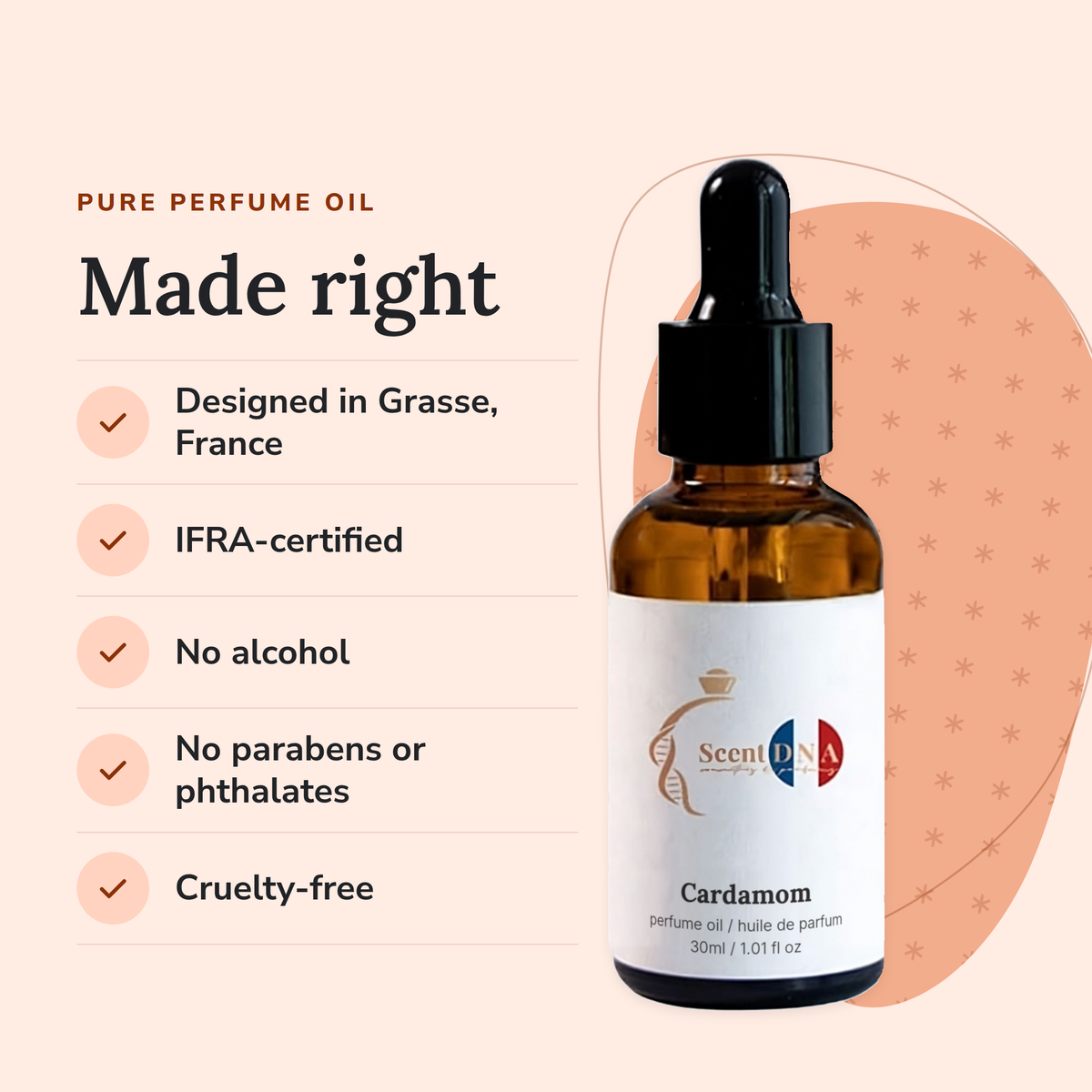 Cardamom Perfume Oil: designed in Grasse, IFRA-certified, no alcohol, no parabens or phthalates, cruelty-free
