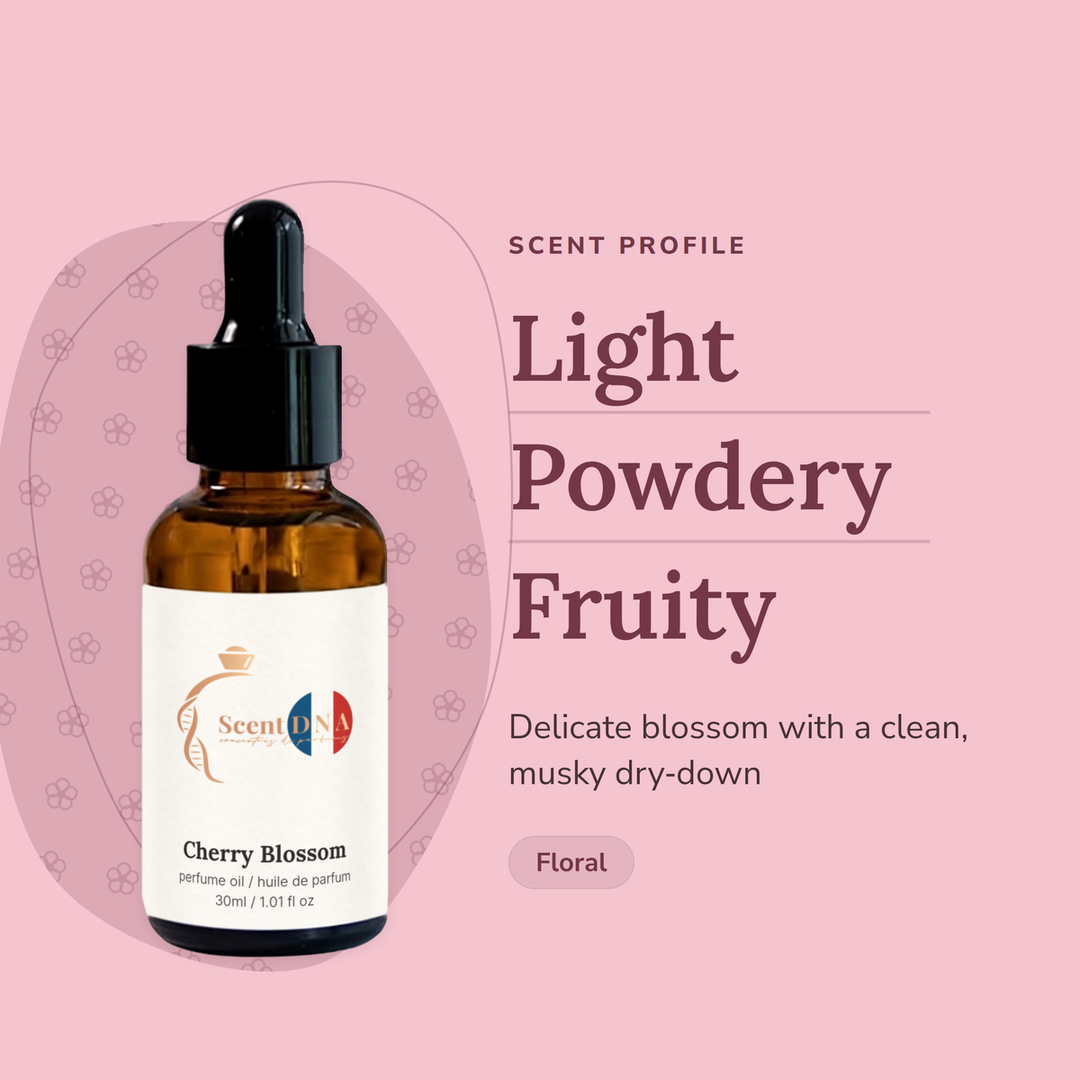 Cherry Blossom Perfume Oil scent profile: light, powdery, fruity. Delicate blossom with a clean, musky dry-down