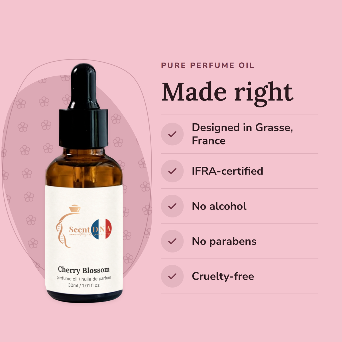 Cherry Blossom Perfume Oil: designed in Grasse, IFRA-certified, no alcohol, no parabens, cruelty-free