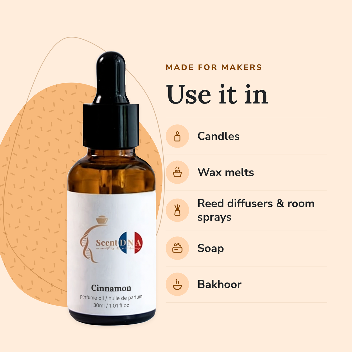 Cinnamon Perfume Oil uses: candles, wax melts, reed diffusers & room sprays, soap, bakhoor