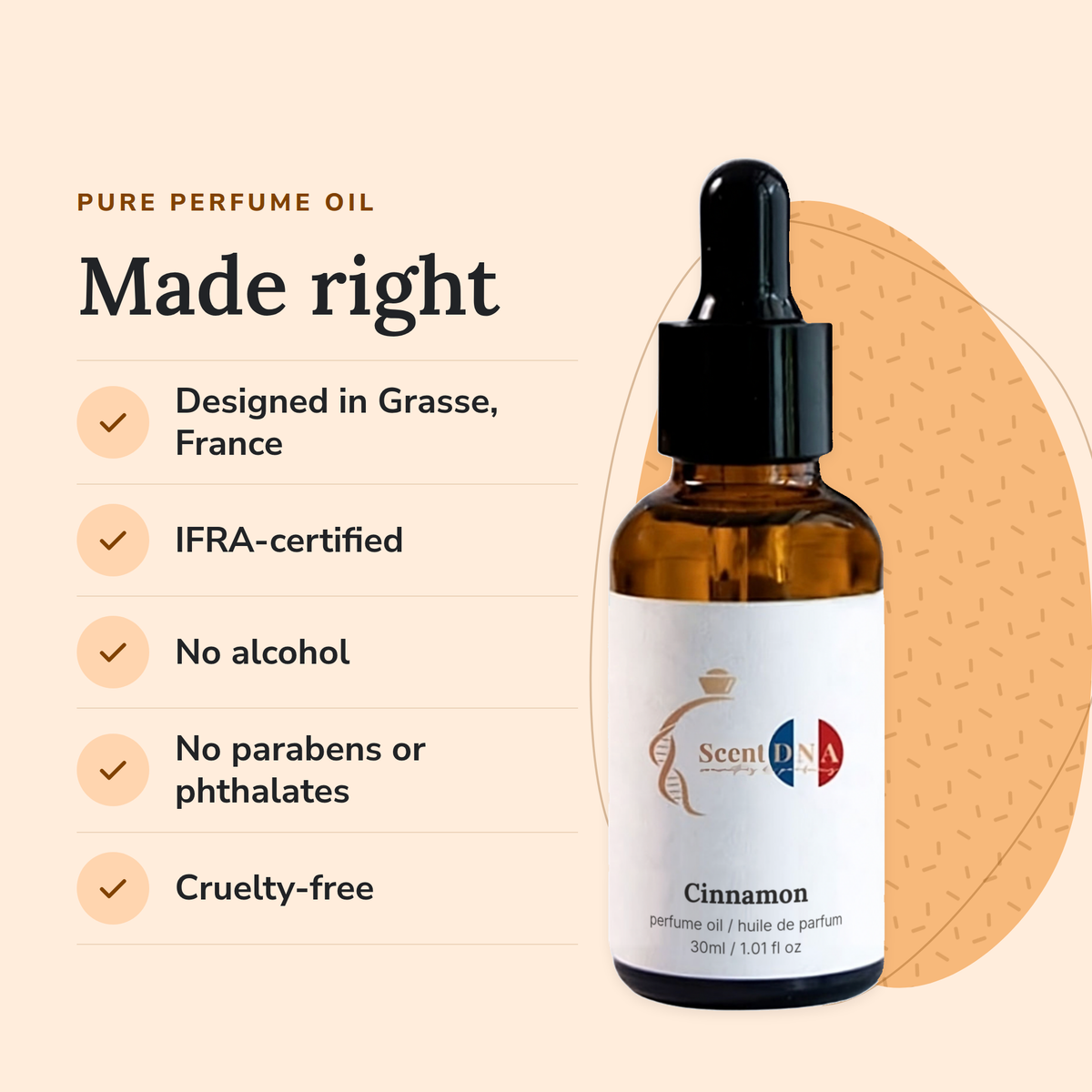 Cinnamon Perfume Oil: designed in Grasse, IFRA-certified, no alcohol, no parabens or phthalates, cruelty-free