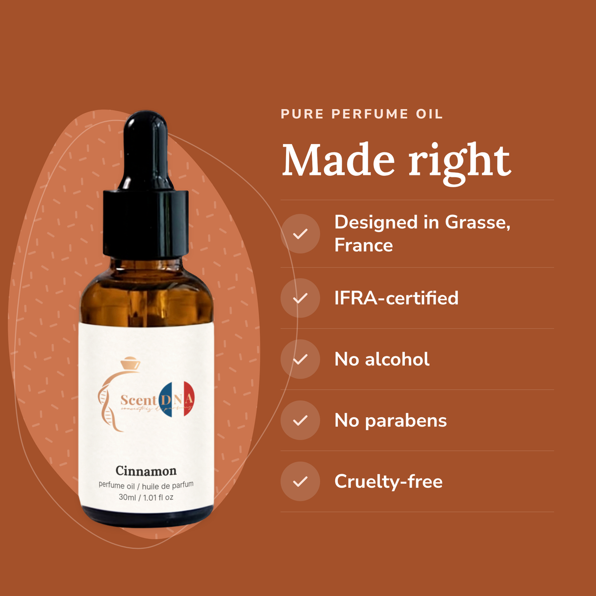 Cinnamon Perfume Oil: designed in Grasse, IFRA-certified, no alcohol, no parabens, cruelty-free