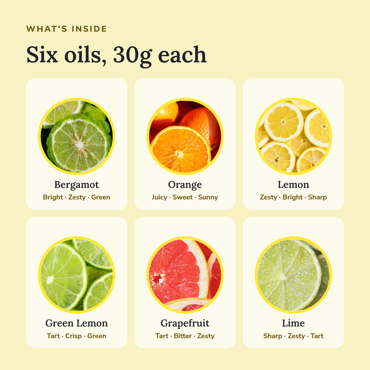 What's inside the Citrus Perfume Oil Bundle: Bergamot, Orange, Lemon, Green Lemon, Grapefruit and Lime, 30g each
