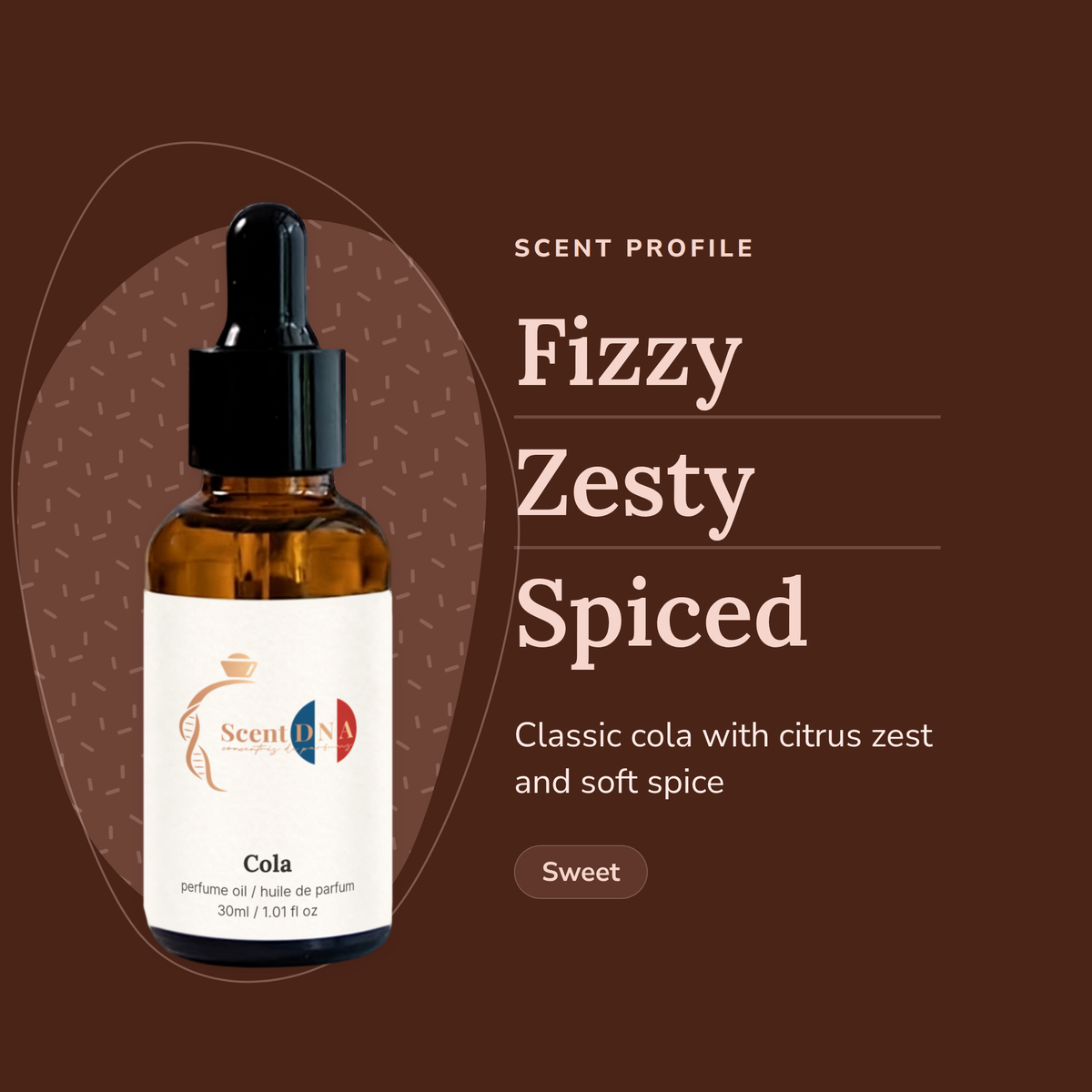 Cola Perfume Oil scent profile: fizzy, zesty, spiced. Classic cola with citrus zest and soft spice