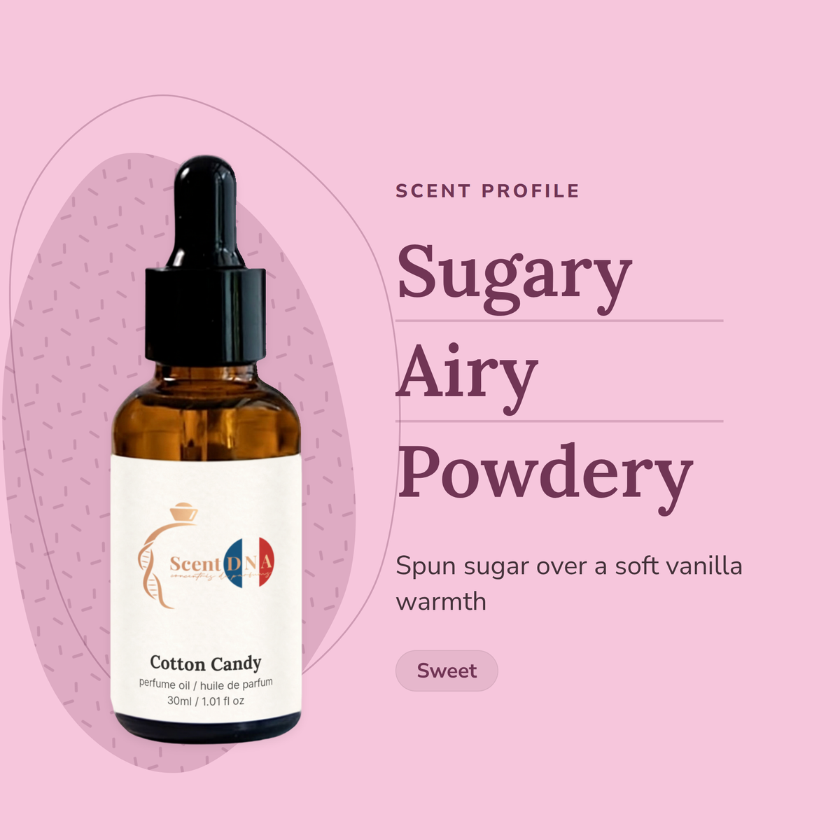 Cotton Candy Perfume Oil scent profile: sugary, airy, powdery. Spun sugar over a soft vanilla warmth