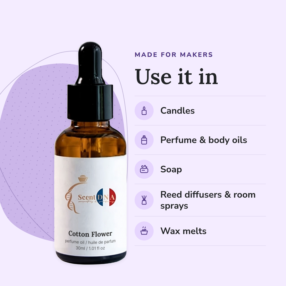 Cotton Flower Perfume Oil uses: candles, perfume & body oils, soap, reed diffusers & room sprays, wax melts