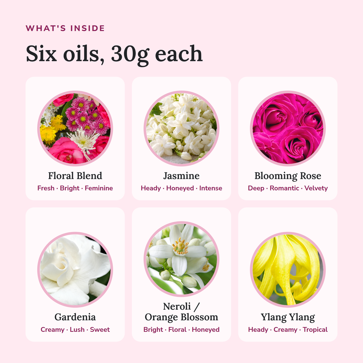 What's inside the Floral Perfume Oil Bundle: Floral Blend, Jasmine, Blooming Rose, Gardenia, Neroli / Orange Blossom and…