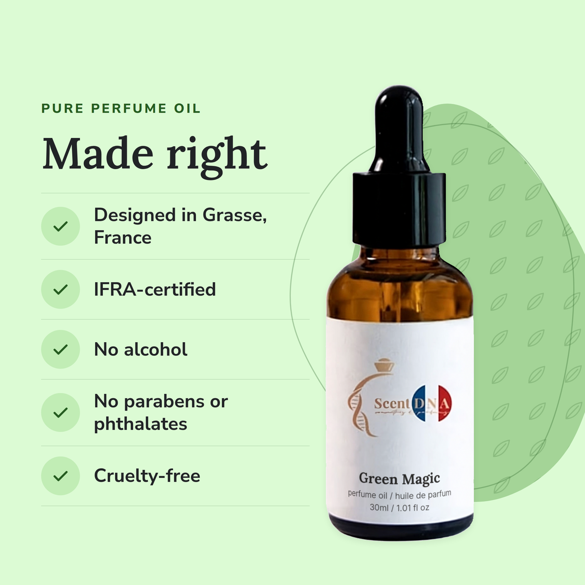 Green Magic Perfume Oil: designed in Grasse, IFRA-certified, no alcohol, no parabens or phthalates, cruelty-free