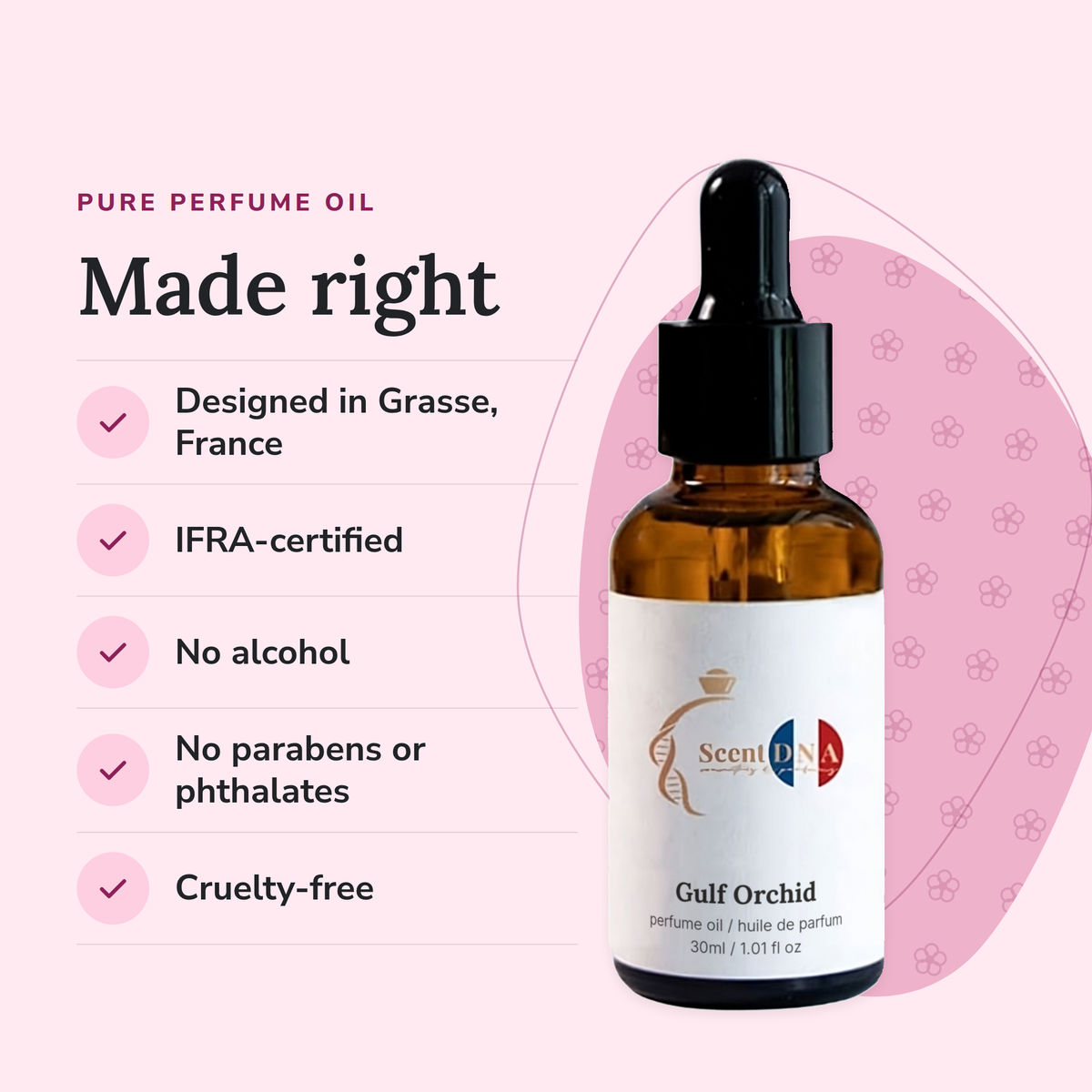 Gulf Orchid Perfume Oil: designed in Grasse, IFRA-certified, no alcohol, no parabens or phthalates, cruelty-free