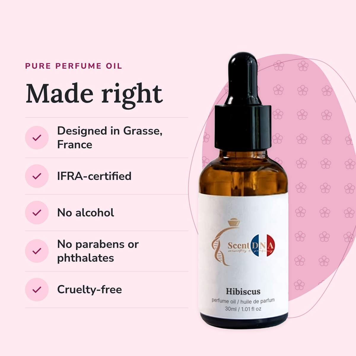 Hibiscus Perfume Oil: designed in Grasse, IFRA-certified, no alcohol, no parabens or phthalates, cruelty-free