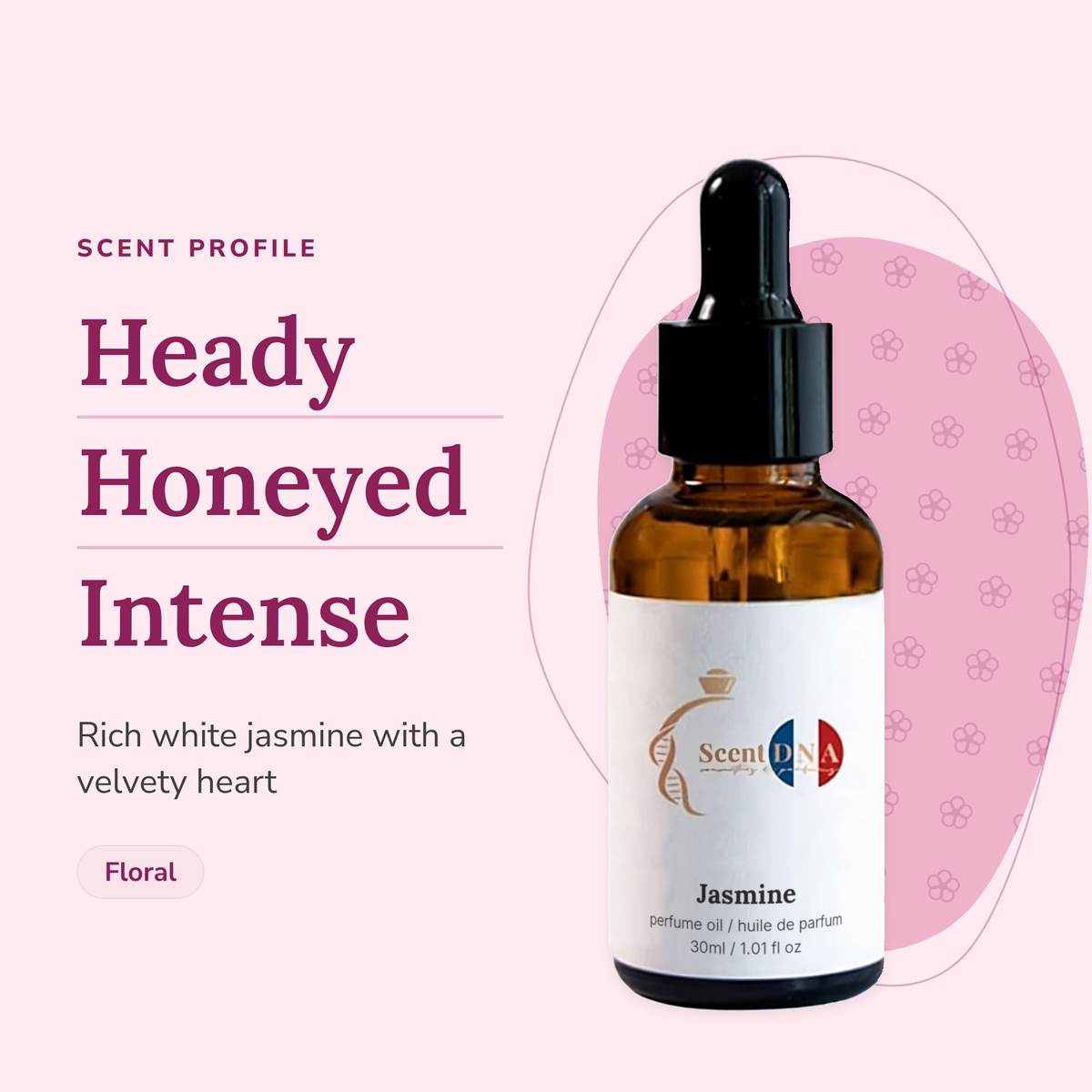 Jasmine Perfume Oil scent profile: heady, honeyed, intense. Rich white jasmine with a velvety heart