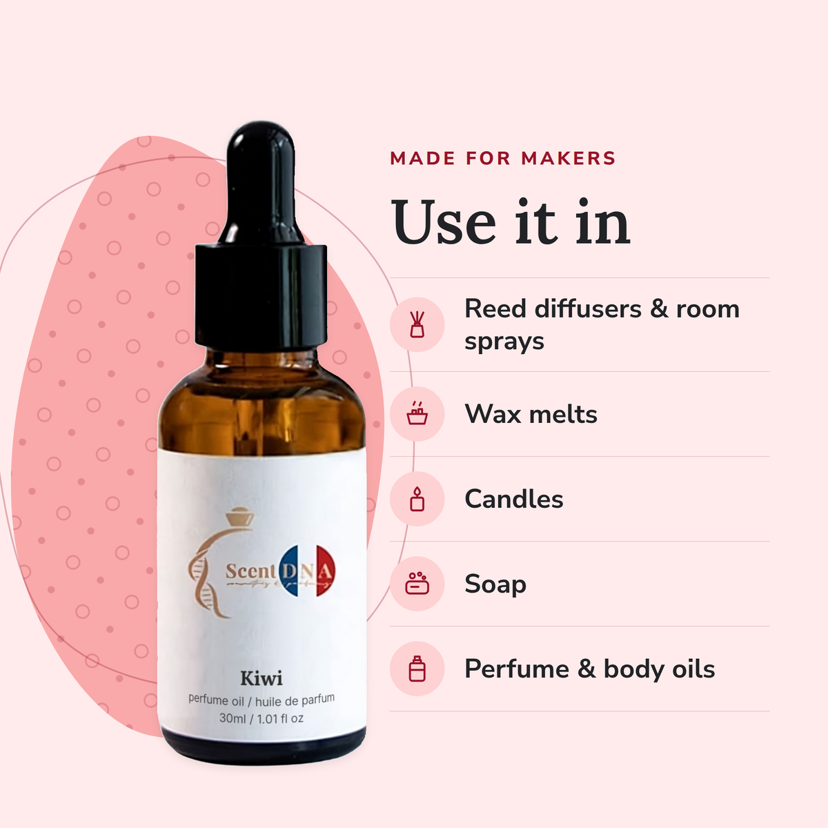 Kiwi Perfume Oil uses: reed diffusers & room sprays, wax melts, candles, soap, perfume & body oils