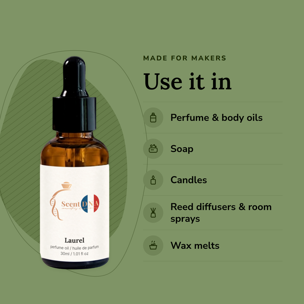 Laurel Perfume Oil uses: perfume & body oils, soap, candles, reed diffusers & room sprays, wax melts