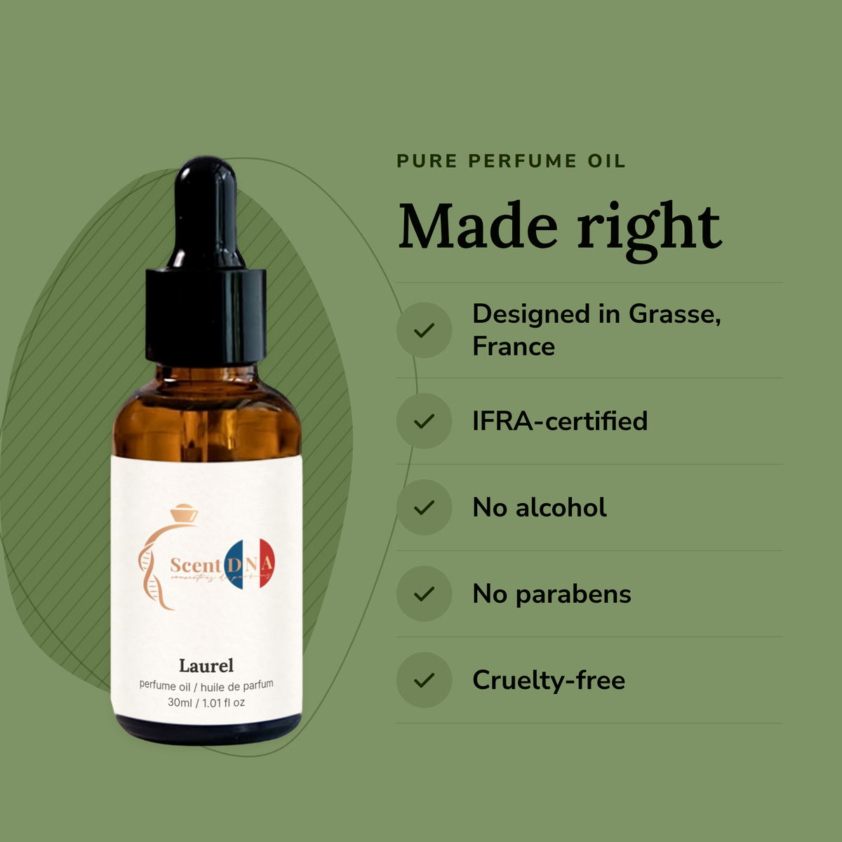 Laurel Perfume Oil: designed in Grasse, IFRA-certified, no alcohol, no parabens, cruelty-free