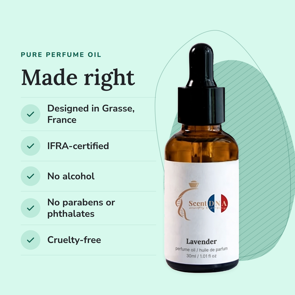 Lavender Perfume Oil: designed in Grasse, IFRA-certified, no alcohol, no parabens or phthalates, cruelty-free