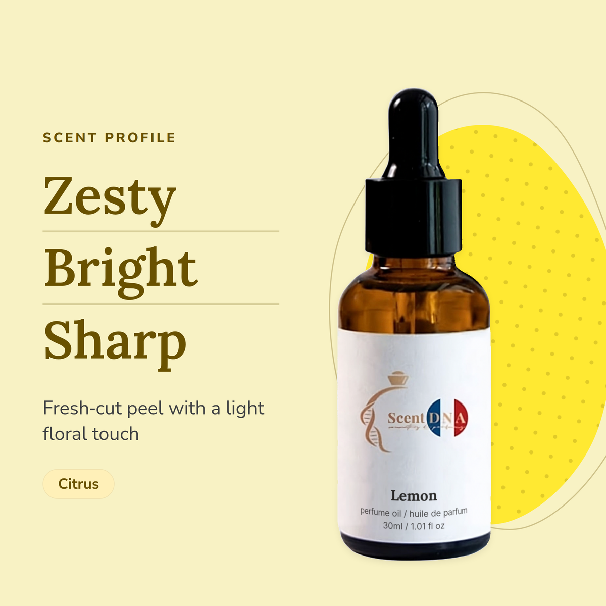 Lemon Perfume Oil scent profile: zesty, bright, sharp. Fresh-cut peel with a light floral touch