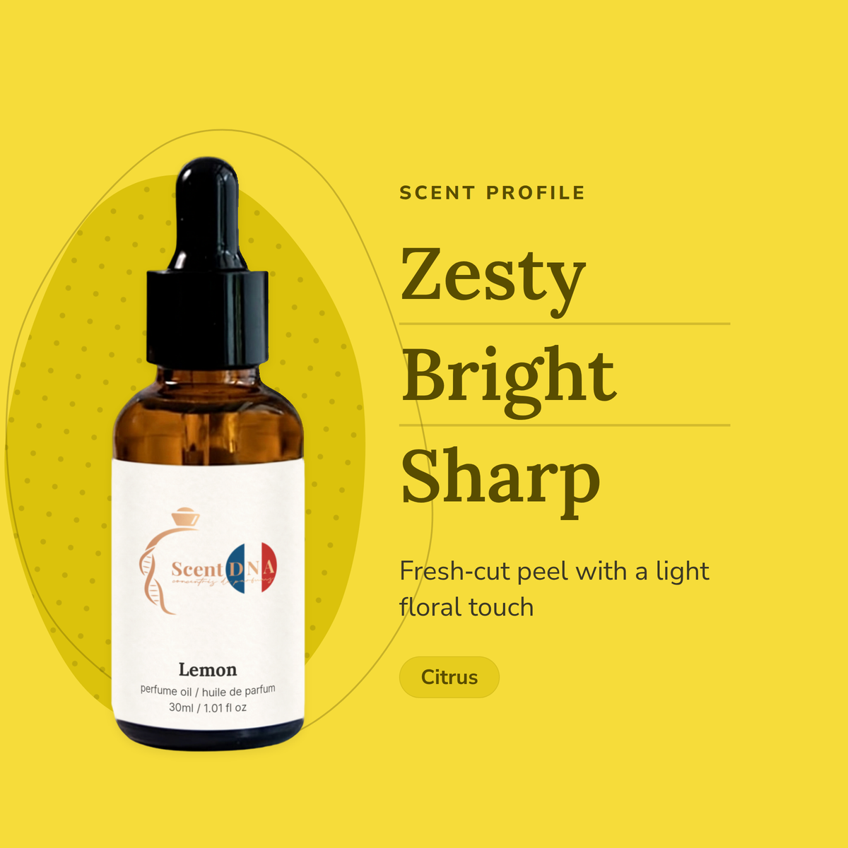 Lemon Perfume Oil scent profile: zesty, bright, sharp. Fresh-cut peel with a light floral touch