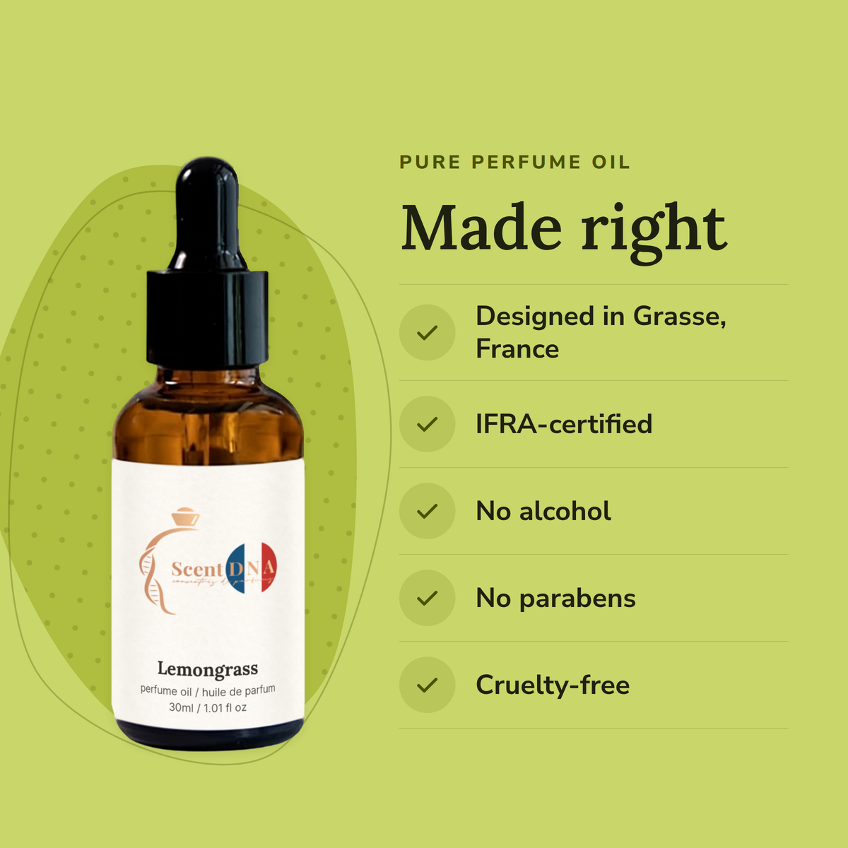 Lemongrass Perfume Oil: designed in Grasse, IFRA-certified, no alcohol, no parabens, cruelty-free