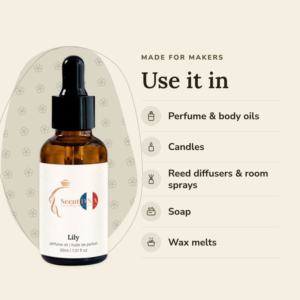 Lily Perfume Oil uses: perfume & body oils, candles, reed diffusers & room sprays, soap, wax melts