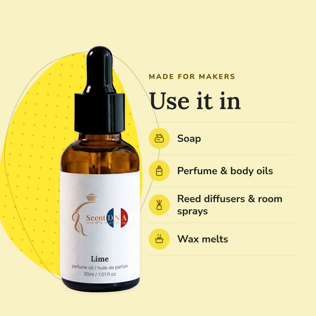 Lime Perfume Oil uses: soap, perfume & body oils, reed diffusers & room sprays, wax melts