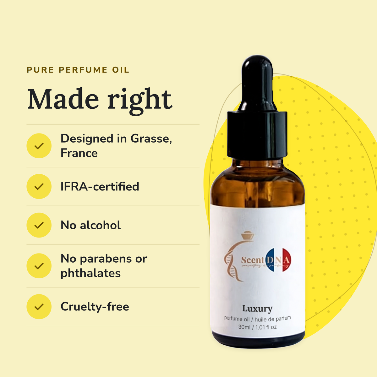 Luxury Perfume Oil: designed in Grasse, IFRA-certified, no alcohol, no parabens or phthalates, cruelty-free