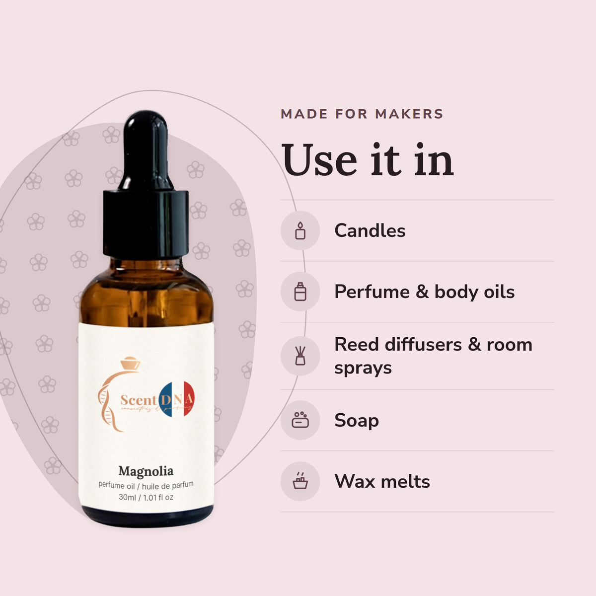 Magnolia Perfume Oil uses: candles, perfume & body oils, reed diffusers & room sprays, soap, wax melts