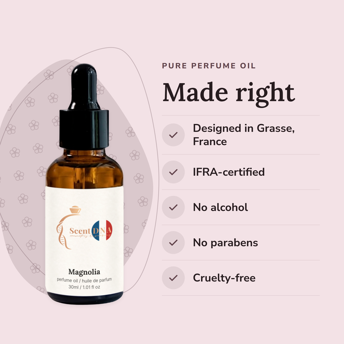 Magnolia Perfume Oil: designed in Grasse, IFRA-certified, no alcohol, no parabens, cruelty-free