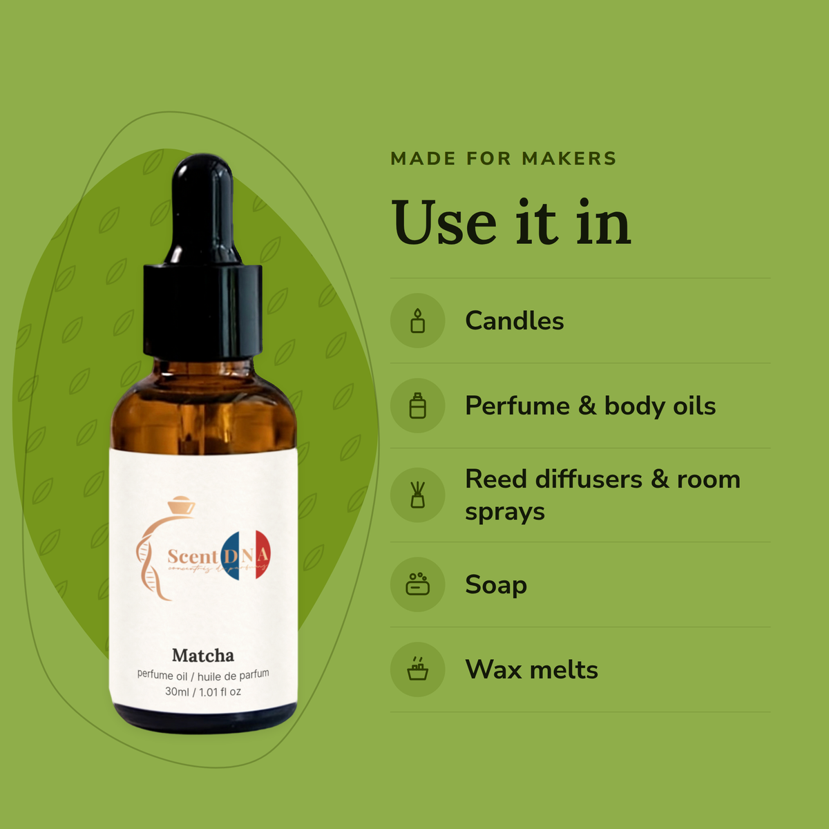 Matcha Perfume Oil uses: candles, perfume & body oils, reed diffusers & room sprays, soap, wax melts