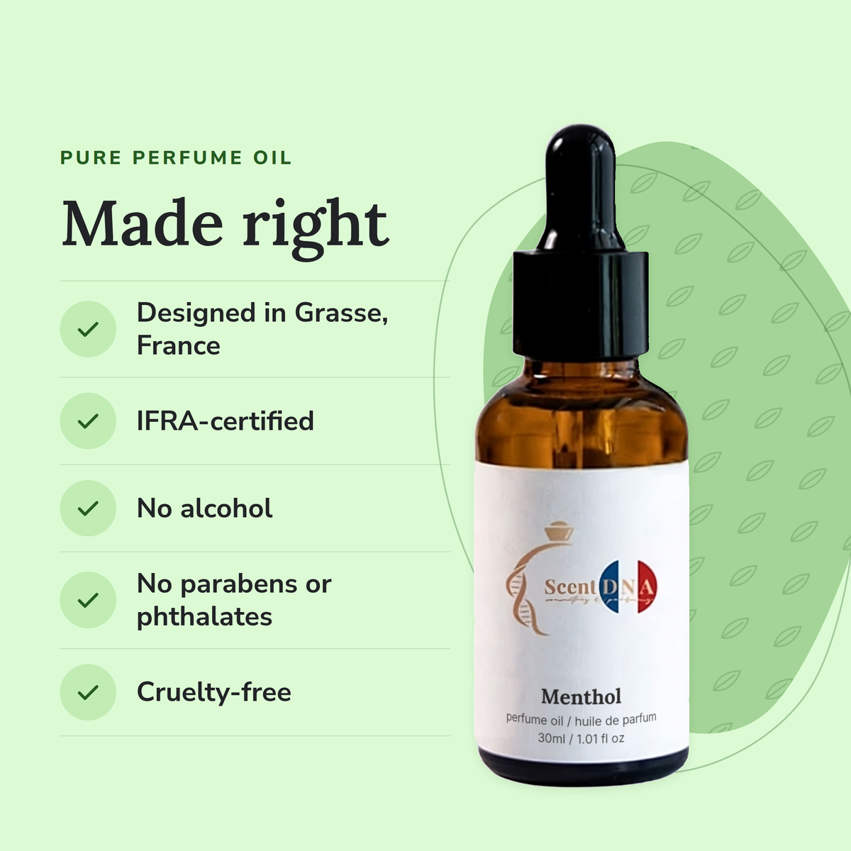 Menthol Perfume Oil: designed in Grasse, IFRA-certified, no alcohol, no parabens or phthalates, cruelty-free