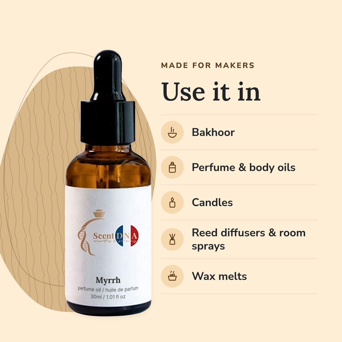 Myrrh Perfume Oil uses: bakhoor, perfume & body oils, candles, reed diffusers & room sprays, wax melts