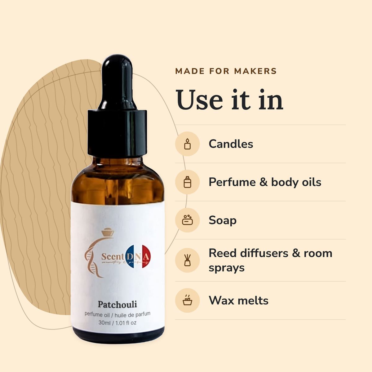 Patchouli Perfume Oil uses: candles, perfume & body oils, soap, reed diffusers & room sprays, wax melts