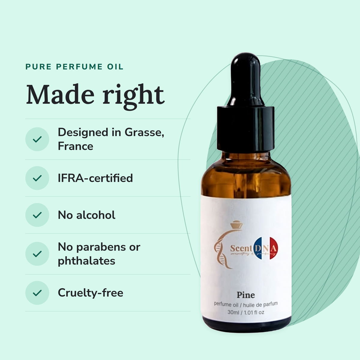 Pine Perfume Oil: designed in Grasse, IFRA-certified, no alcohol, no parabens or phthalates, cruelty-free